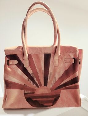 RARE We The Free Sol Painted Sunburst Leather Tote in Tan, Brown, and Orange